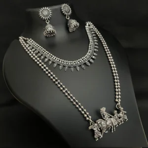 Ethnic Bloom Oxidised Layered Pendant & Jhumkas Set