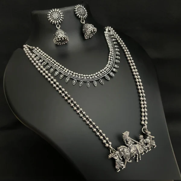 Ethnic Bloom Oxidised Layered Pendant & Jhumkas Set