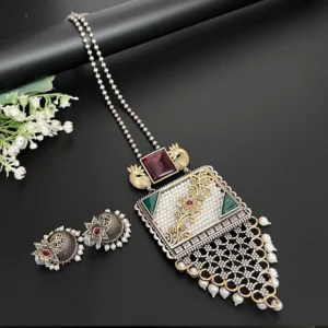 Antique Finish Long Pendant Set With Matching Studs