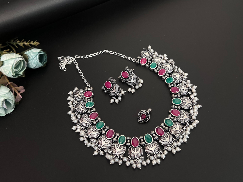 exclusive gemstone oxidised jewellery chokers earrings and nosepin