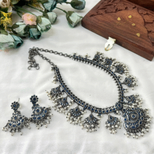 Ocean blue Enamel Oxidised Pearl Necklace Set