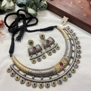 Dual Tone Oxidised Hasli Necklace Set Modal