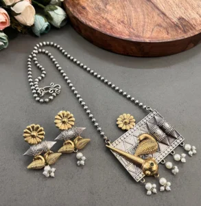 Oxidised Dual Tone Necklace Set with Earrings