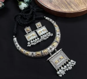 Vintage Rajasthani Tribal Dualtone Elephant Hasli Necklace & earrings