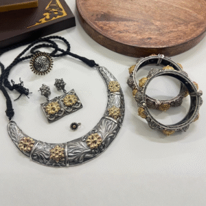 Floral Dual Tone Oxidised Jewelry Set