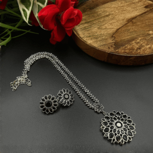 Replica Pendant Set in Oxidised Silver with Black Stones