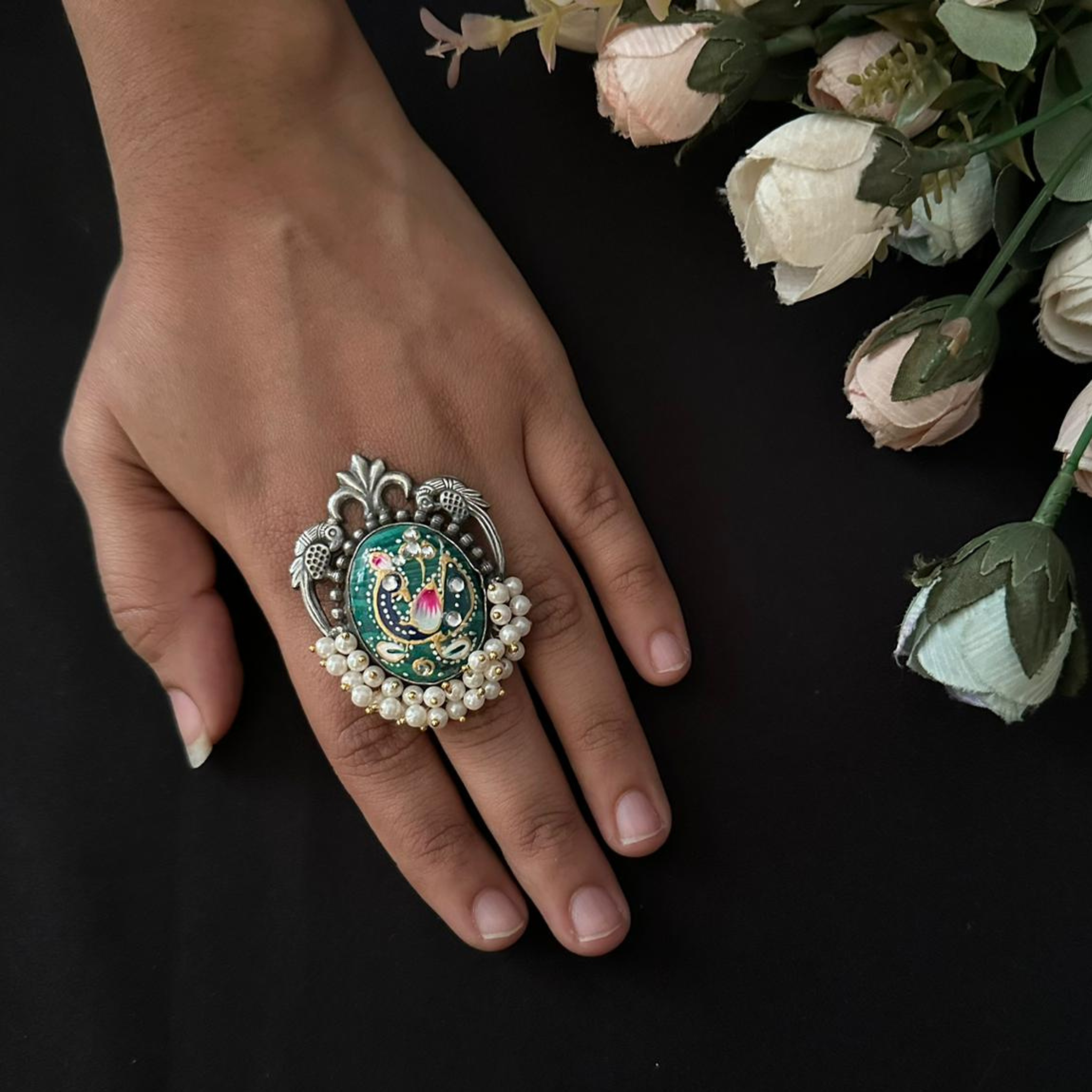 Peacock Meenakari Oxidised Ring
