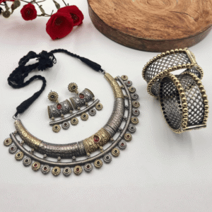 Dual Tone Choker Set | Antique Gold & Oxidised Silver Jewellery