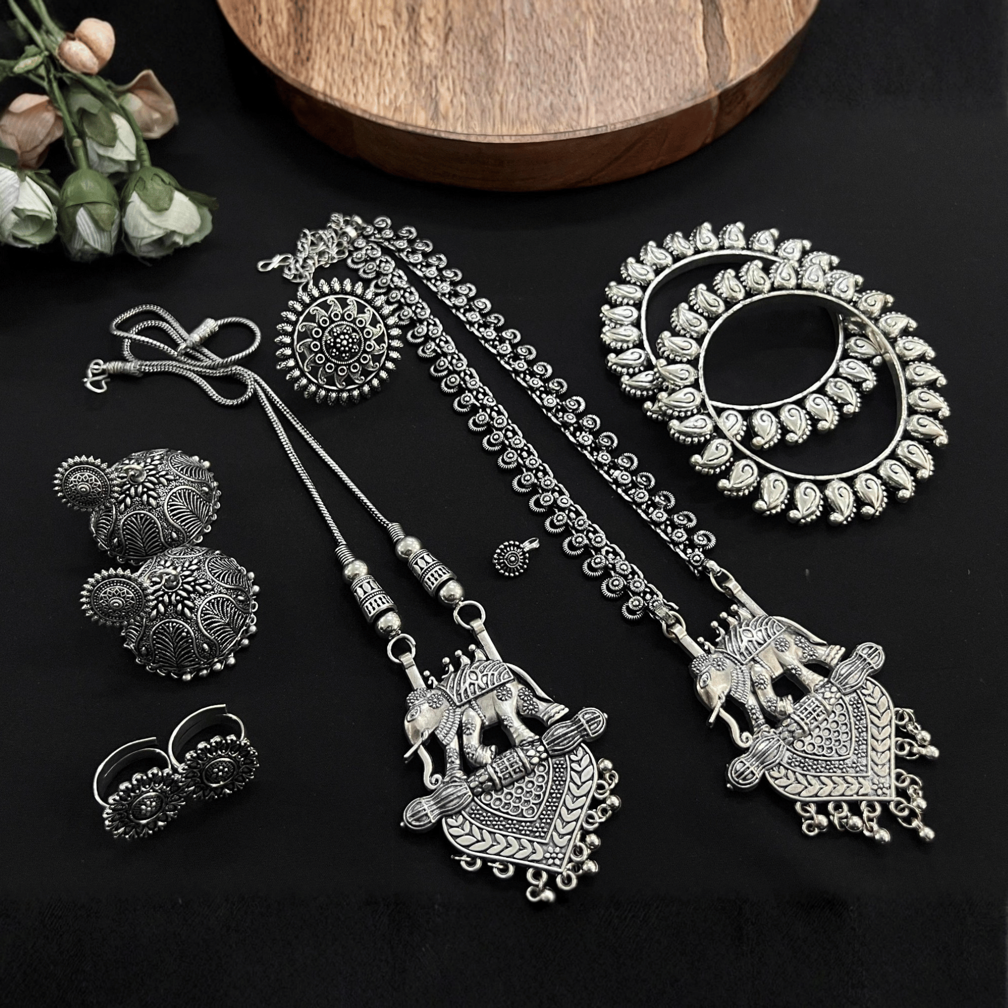 Oxidised Elephant Motif Pendant Set