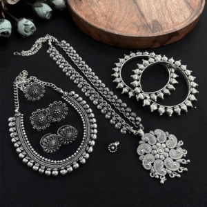 Floral Oxidised Pendant and Earring Set