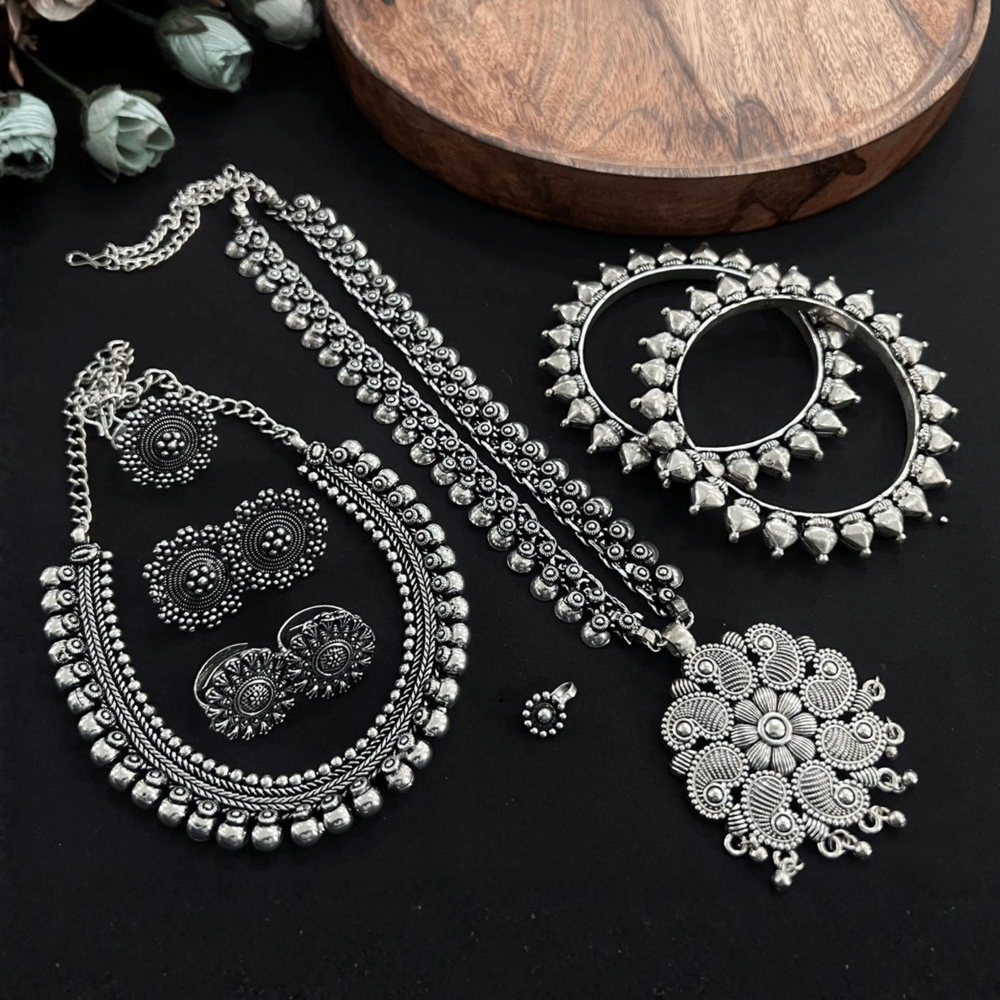 Floral Oxidised Pendant and Earring Set