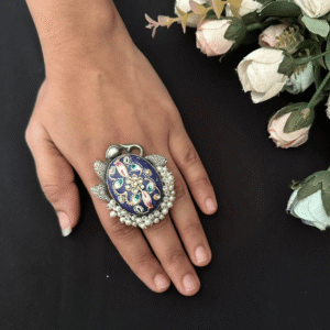 Handcrafted Oxidised Adjustable Ring – Midnight Blue Paisley Enamel