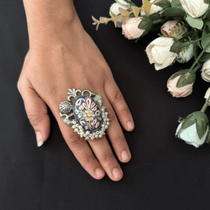 Handcrafted Oxidised Adjustable Ring – Royal Blue Floral Enamel