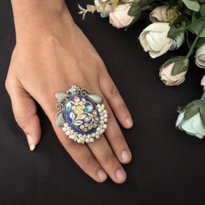 Handcrafted Oxidised Adjustable Ring – Peacock Blue Enamel