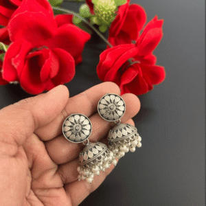 silver oxidised earrings, traditional jhumka, ethnic earrings, oxidised silver jewellery