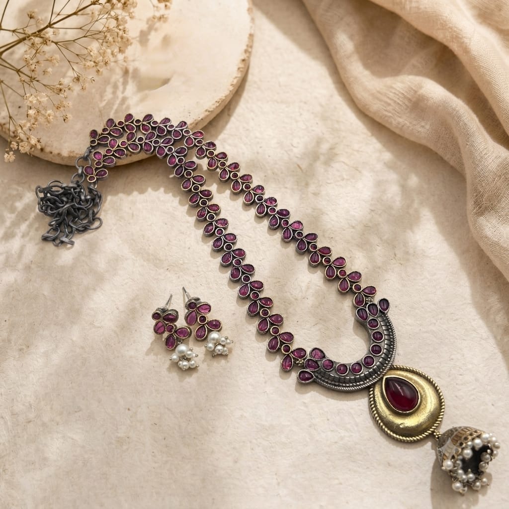 Dual tone stone necklace set