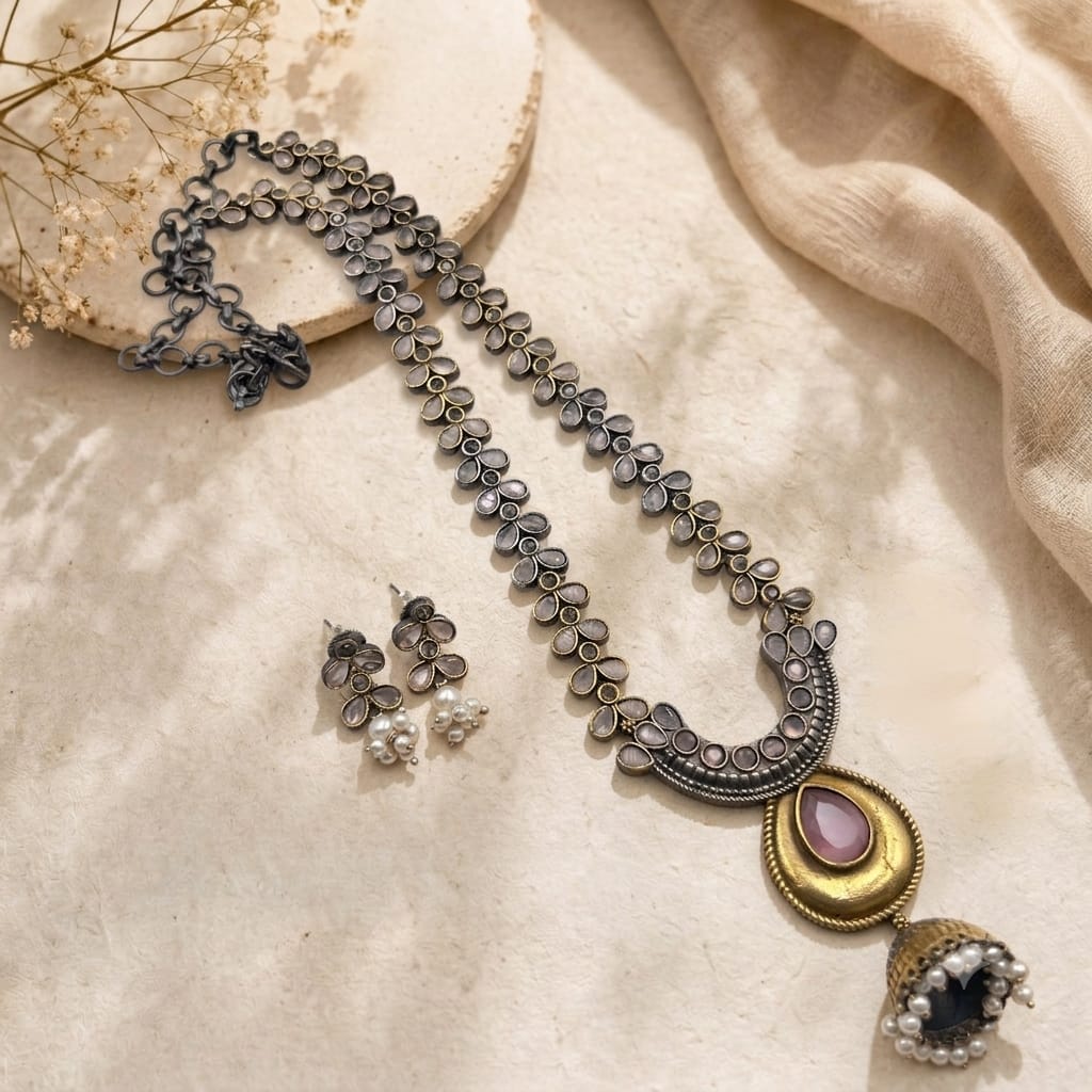 Dual tone stone necklace set