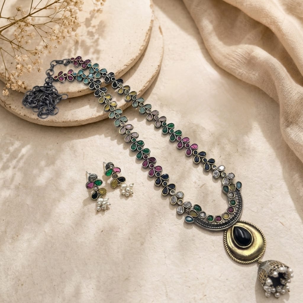 Dual tone stone necklace set