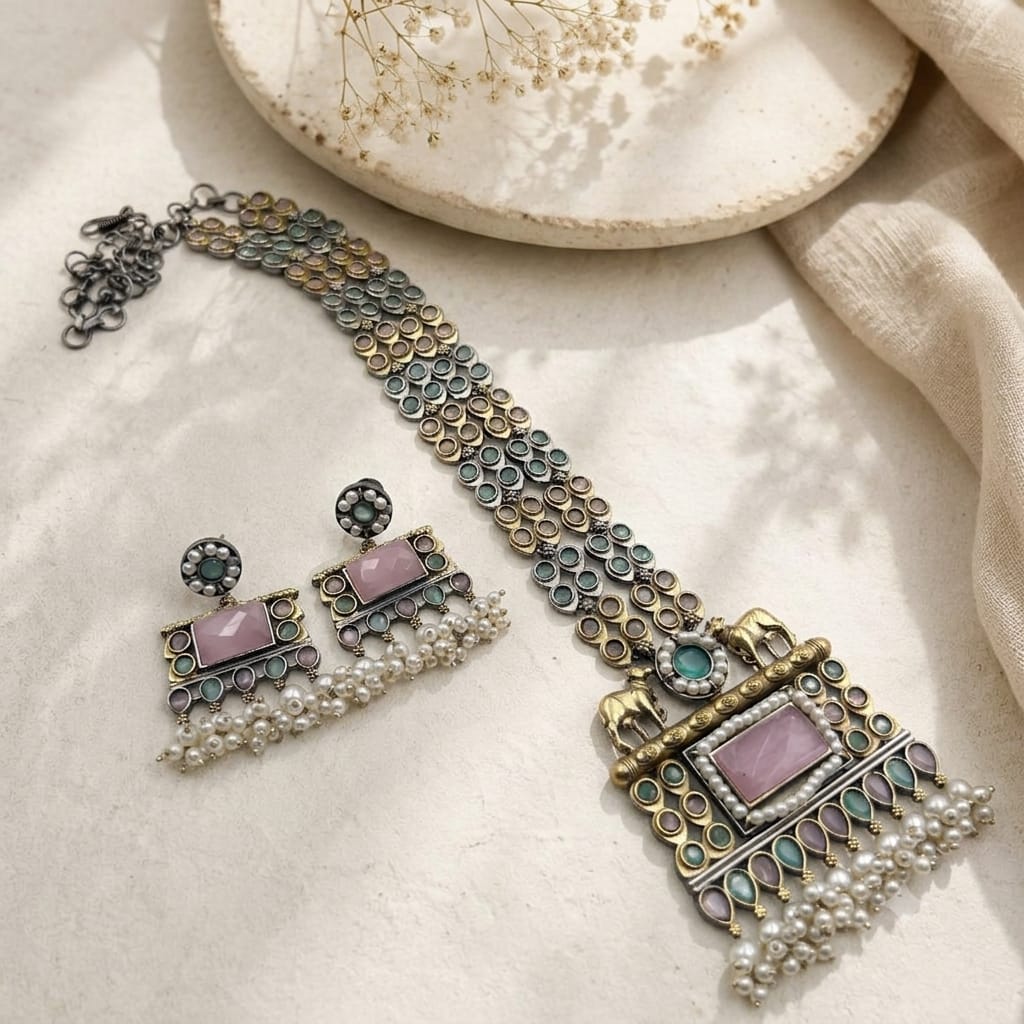 Dual tone stone necklace set