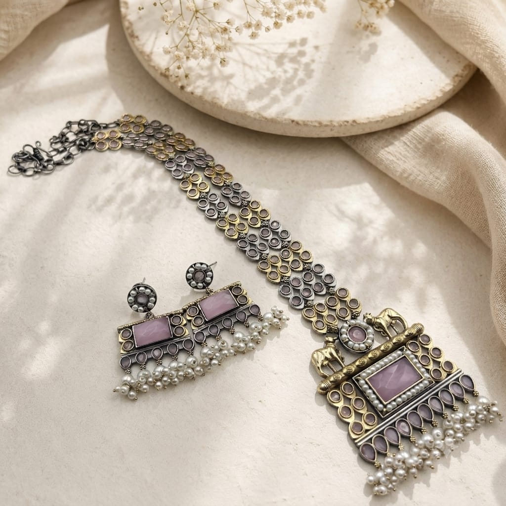 Dual tone stone necklace set