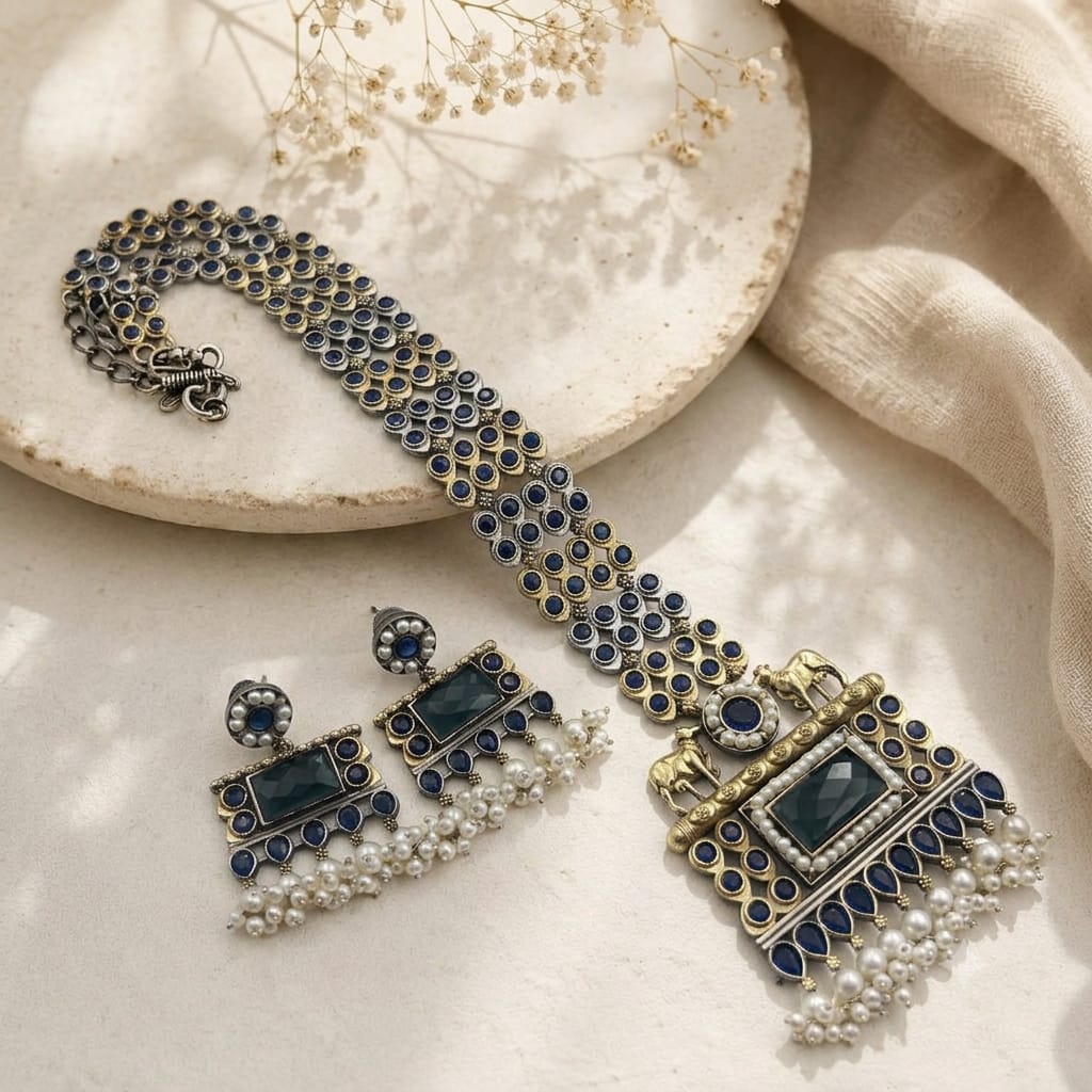 Dual tone stone necklace set