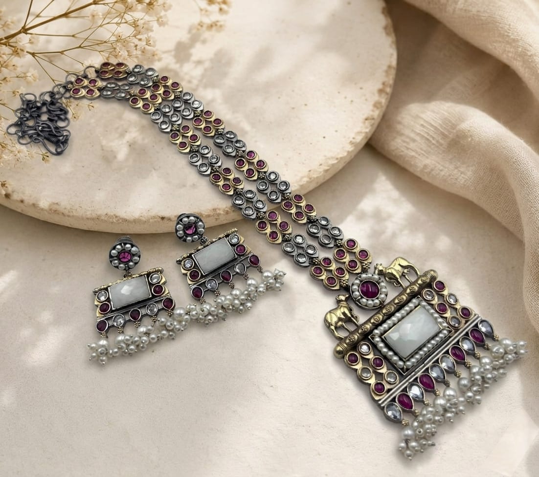 Dual tone stone necklace set