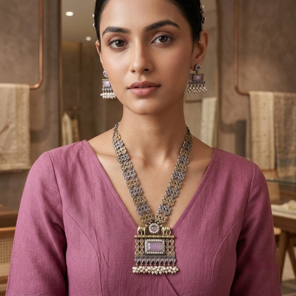 Dual tone stone necklace set