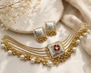 Golden necklace with matching studs