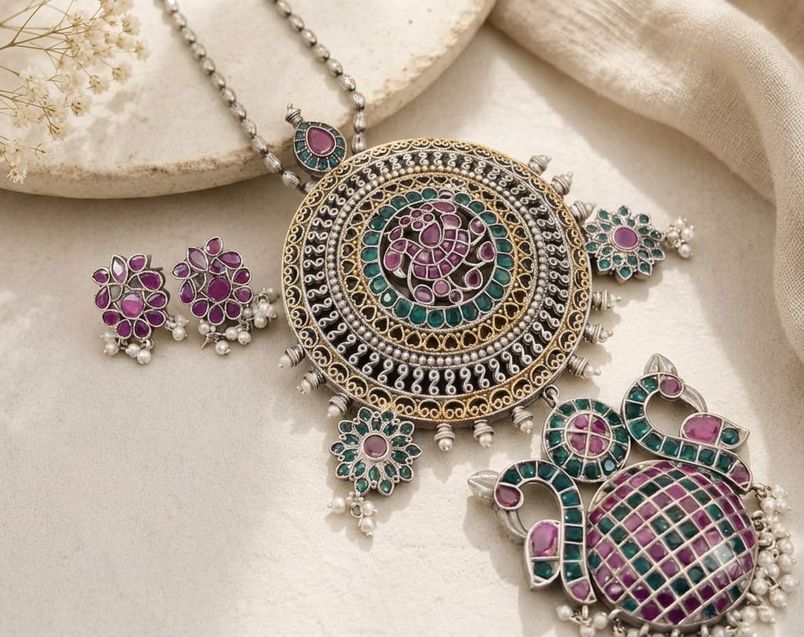 dual tone long chain big pendant set