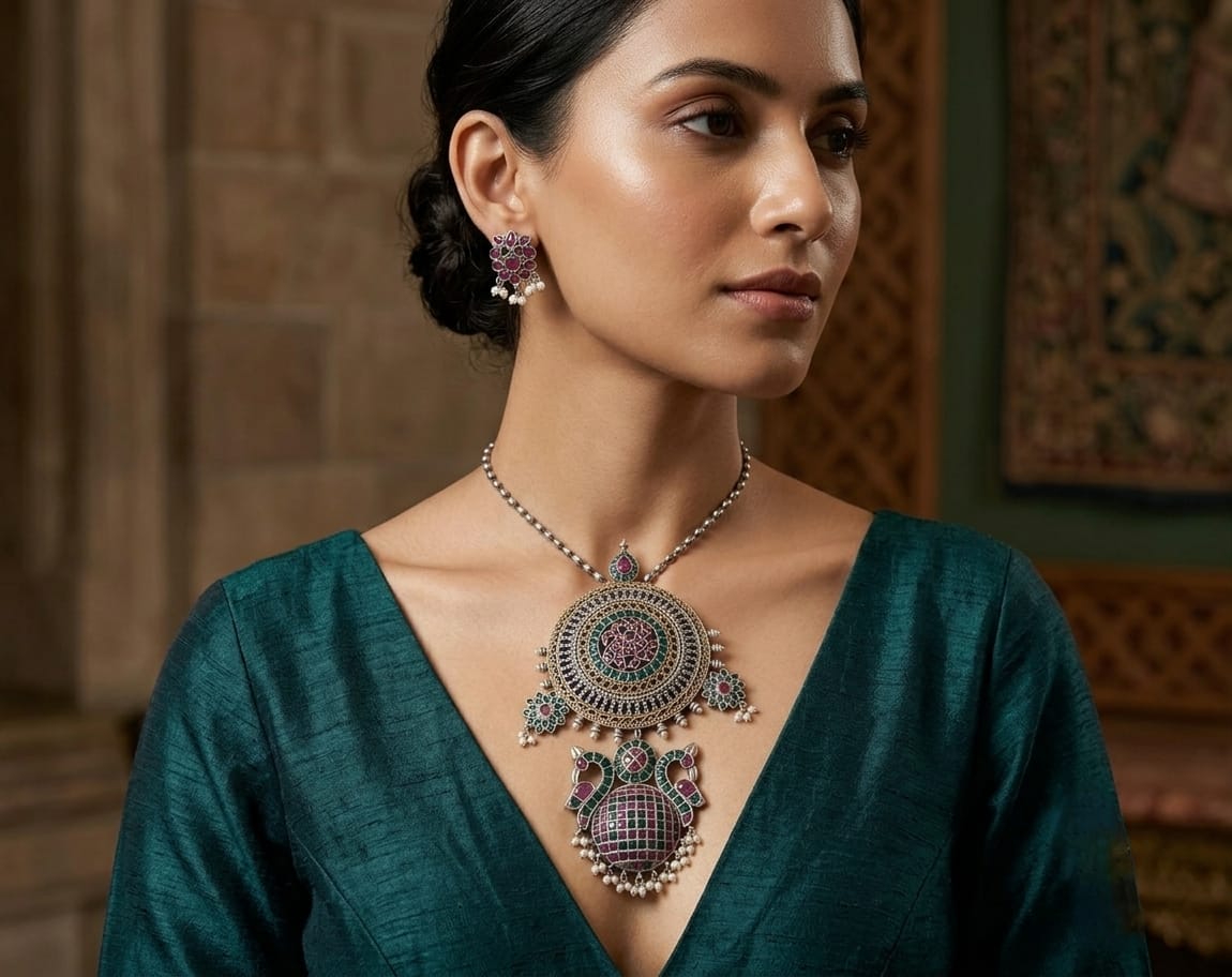 dual tone long chain big pendant set