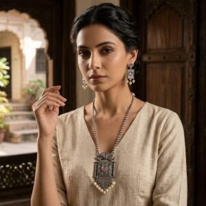 Long chain stone pendant set