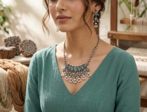 Stone chain pendant with earrings